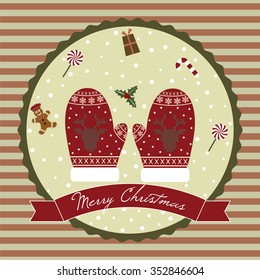 Merry christmas design within a circle with Christmas gloves, candies and snowflakes