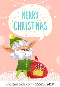 Merry christmas designed caption on greeting postcard. Elf stand in traditional green costume and greet people. Character with red sack of presents for children. Vector illustration in flat style