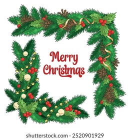 Merry Christmas detailed emblem colorful with frame of fir branches and inscription to wish you good holiday vector illustration