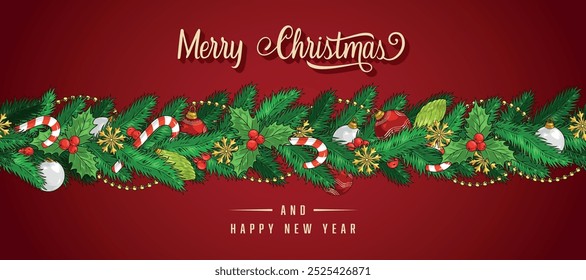 Merry Christmas detailed stickers colorful with garland of fir branches decorated with sweets and glass toys vector illustration