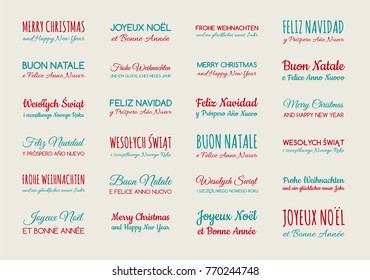 Merry Christmas in different languages - collection of wishes. Vector.