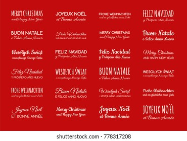 Merry Christmas in different languages: English, French, Spanish, German and Polish. Vector. 