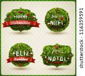 "Merry Christmas" in different languages (German, Spanish, French, Portuguese). Creative Christmas label.