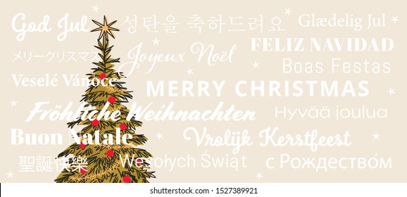 Merry Christmas in different languages, greeting card design