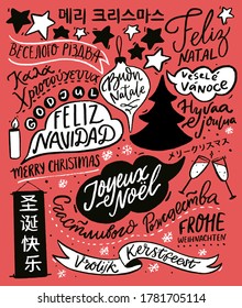 Merry Christmas in different languages. Greeting card design with hand lettering text, international winter holidays greetings. Red retro illustration with Cristmas tree. Feliz Navidad.