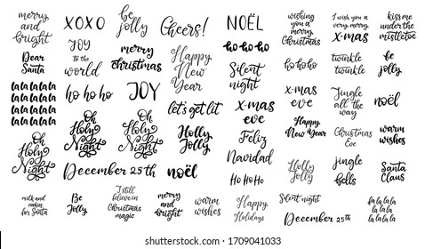 Merry Christmas in different languages lettering set vector illustration. Typography for December holiday celebration, invitation card, poster, banner. Happy new year hand lettered phrases and quotes.