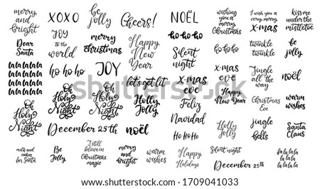 Merry Christmas in different languages lettering set vector illustration. Typography for December holiday celebration, invitation card, poster, banner. Happy new year hand lettered phrases and quotes.