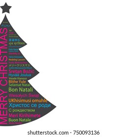 Merry Christmas in different languages in the shape of Christmas three, celebration word tag cloud greeting card