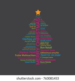 Merry Christmas in different languages in the shape of Christmas three, celebration word tag cloud greeting card