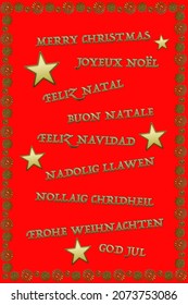 Merry Christmas in different  languages, vector illustration on red background