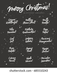 Merry Christmas in different languages. Vector illustration on a black background. Elements for design. Concept festive greeting card. Lettering and calligraphy. Set of phrases in a stylish font.