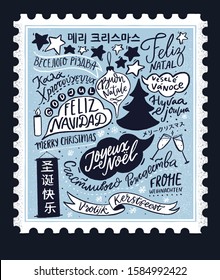 Merry Christmas in different languages. Vintage stamp card design with hand lettering text, international winter holidays greetings. Blue retro illustration with Cristmas tree. Feliz Navidad