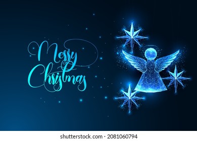 Merry Christmas digital greeting card template with angel silhouette and star ornaments isolated on dark blue