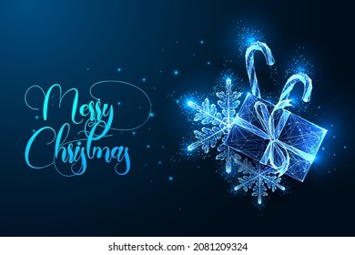 Merry Christmas digital greeting card template with gift box, Candy canes and snowflakes and text isolated on dark blue