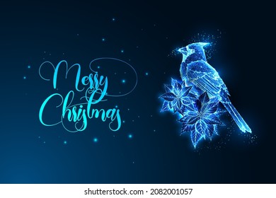 Merry Christmas digital greeting card template with Cardinal bird and poinsettia flowers