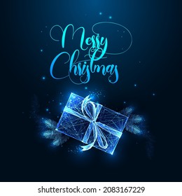 Merry Christmas digital greeting card template with gift box, and fir branches and text isolated on dark blue