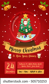 merry christmas dinner invitation card with glass globe and red background, santa claus and friends inside 