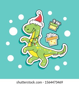 Merry christmas dinosaur in santa claus hat on blue background