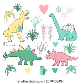 Merry Christmas dinosaurs and tillandsia vector cute illustration. Holiday hand drawn dinos image for you project. 