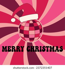 Merry Christmas Disco ball with Santa hat on with vintage sunburst in red, pink and burgundy. For Christmas Greeting cards, postcard, and retro groovy Christmas Parties. 