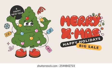 Merry Christmas discount illustration with pin tree, confetti, balls, sale tags. Vector retro poster. Christmas mascot banner.