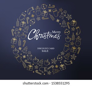 Merry christmas discount sale card with a wreath full of holiday decorations. Gingerbread cookies, fir trees, gloves, socks, gift boxes, candles and lollipops. Blue background vector