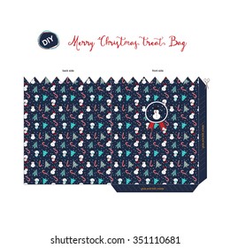 A Merry Christmas DIY (do it by yourself) treat bag for season greeting with pattern of snowman, tree, candy cane, present in navy blue background.