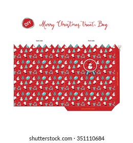 A Merry Christmas DIY (do it by yourself) treat bag for season greeting with pattern of snowman, tree, candy cane, present in red background.