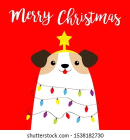 Merry Christmas dog fir tree shape. Garland lights bulb string Star tip top. Puppy pooch. Funny Kawaii animal Kids print. Cute cartoon baby character. Pet collection. Flat design Red background Vector