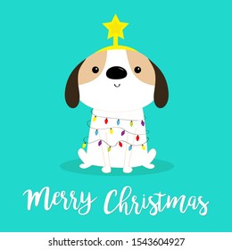 Merry Christmas dog fir tree shape. Garland lights bulb string Star. Puppy pooch sitting. Funny Kawaii animal Kids print. Cute cartoon baby character. Pet collection Flat design Blue background Vector