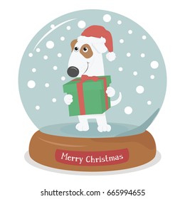 Merry Christmas dog with gift and Santa hat in the snow globe on white background. Snowflakes falling inside.