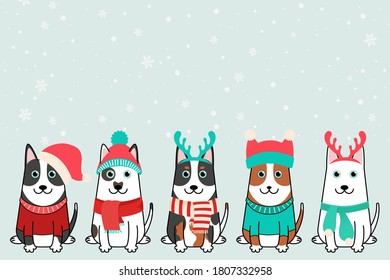 Merry Christmas dogs, collection of christmas Bull Terrier in santa hats, winter headwear. Happy xmas pets greeting card. eps 10 vector.