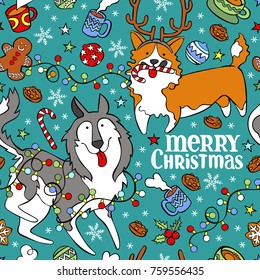 Merry Christmas. Dogs: husky and corgi. Christmas cookies, gingerbread man, garland, red berries, hot chocolate mug. Seamless vector pattern (background).