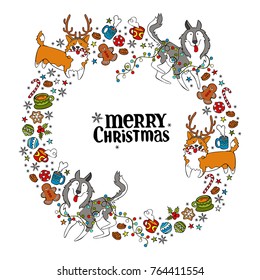 Merry Christmas. Dogs: husky and corgi. Christmas cookies, hot drinks. Stars and snowflakes. Frame - wreath.