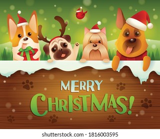 Merry Christmas! Dogs and Puppies with big signboard.