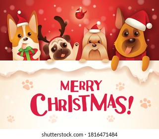 Merry Christmas! Dogs and Puppies with big signboard.