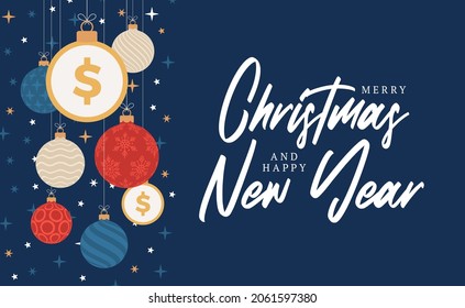 Merry Christmas dollar symbol banner. Dollar sign as christmas bauble ball hanging greeting card. Vector image for xmas, finance, new years day, banking, money