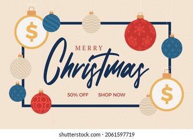 Merry Christmas dollar symbol banner. Dollar sign as christmas bauble ball hanging greeting card. Vector image for xmas, finance, new years day, banking, money