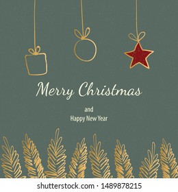 Merry christmas doodle card simple frame gift. Fir tree hand drawn golden color vector holiday graphic retro vintage design. Red star.