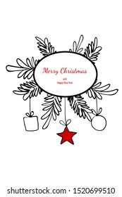 Merry christmas doodle card simple frame gift. Fir tree hand drawn black white vector holiday graphic design.