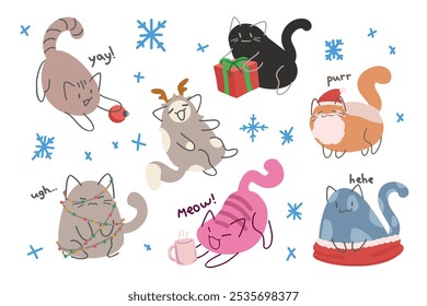 Feliz Natal doodle gato coleção. Gatos bonitos desenhados à mão com chapéu decorativo, xmas brinquedo e luzes.
