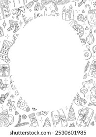 Merry Christmas doodle composition. Hand drawing festive vector illustration. Empty copy space. Christmas postcard with black and white doodle drawings. Holiday greetings