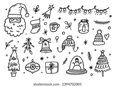 Merry Christmas doodle elements. Outline stroke style sign icons. Isolated on white background.