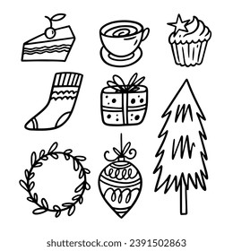 Los elementos del doodle navideño se ponen. Ilustración de arte vectorial de color negro dibujada a mano. Aislado sobre fondo blanco.