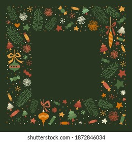 Merry Christmas Doodle Frame. Greeting Card Design on Green Background. Square vector Illustration. Super Trendy Design 