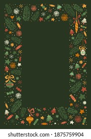 Merry Christmas Doodle Frame Poster. Greeting Card Design on Green Background. Vertical vector Illustration. Super Trendy Design 