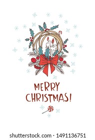Merry Christmas doodle greeting card background. Socks, bells, snowflakes, decoration and presents. Hand drawn vector illustration doodle style for your wallpaper or textile design