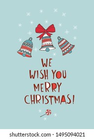 Merry Christmas doodle greeting card background. Socks, bells, snowflakes, decoration and presents. Hand drawn vector illustration doodle style for your wallpaper or textile design