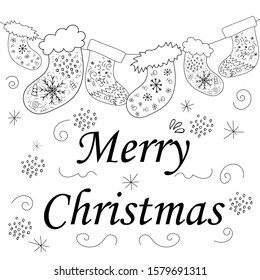 Merry Christmas doodle greeting card background. Socks, snowflakes, decoration and presents. Hand drawn vector illustration doodle style for your wallpaper or textile design. Vector illustration EPS10
