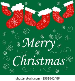 Merry Christmas doodle greeting card background. Red socks with snowflakes, decoration and swirls. Hand drawn vector illustration doodle style on the green background. Use for wallpaper, card,postcard